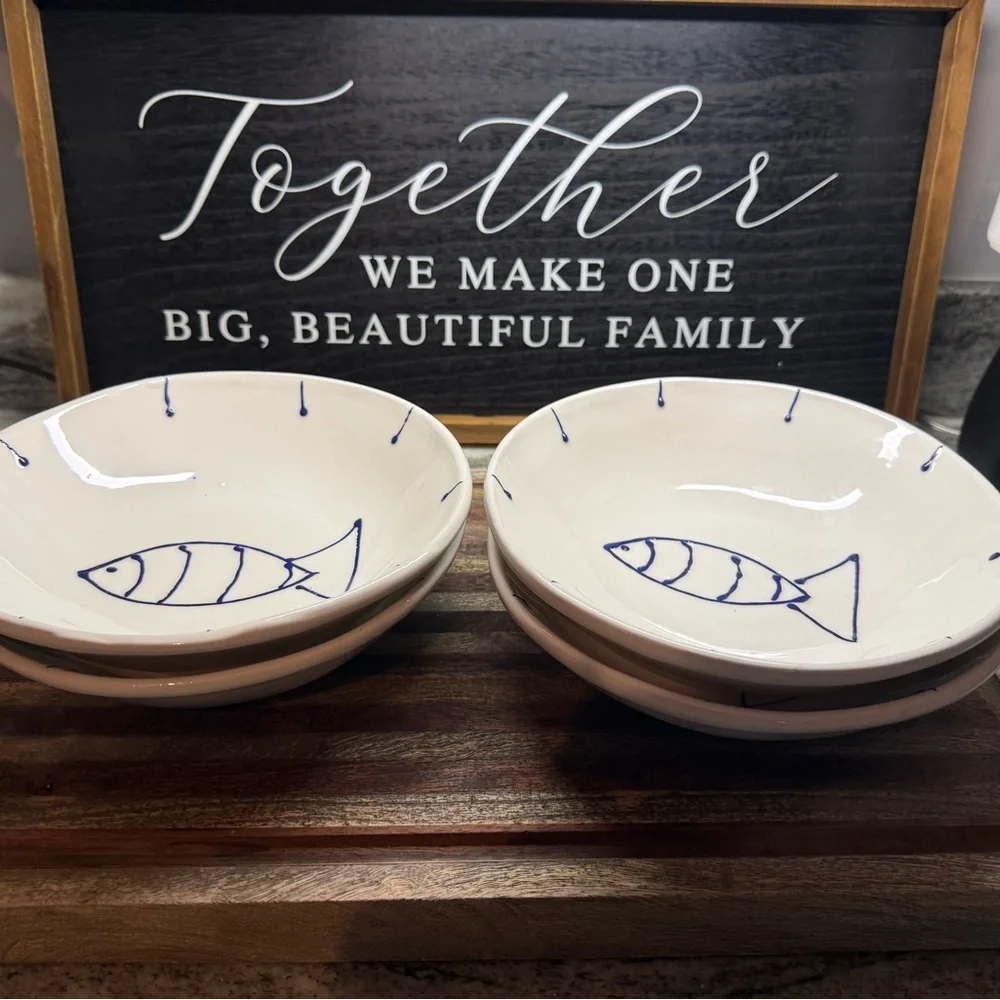 Italian-made ceramic bowls hand-painted blue fish motif Round Dishwasher Safe
